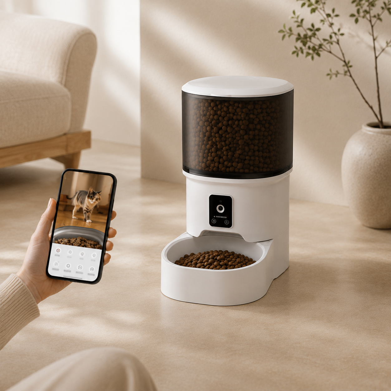 Distributeur automatique connecté pour chat avec caméra HD et application mobile